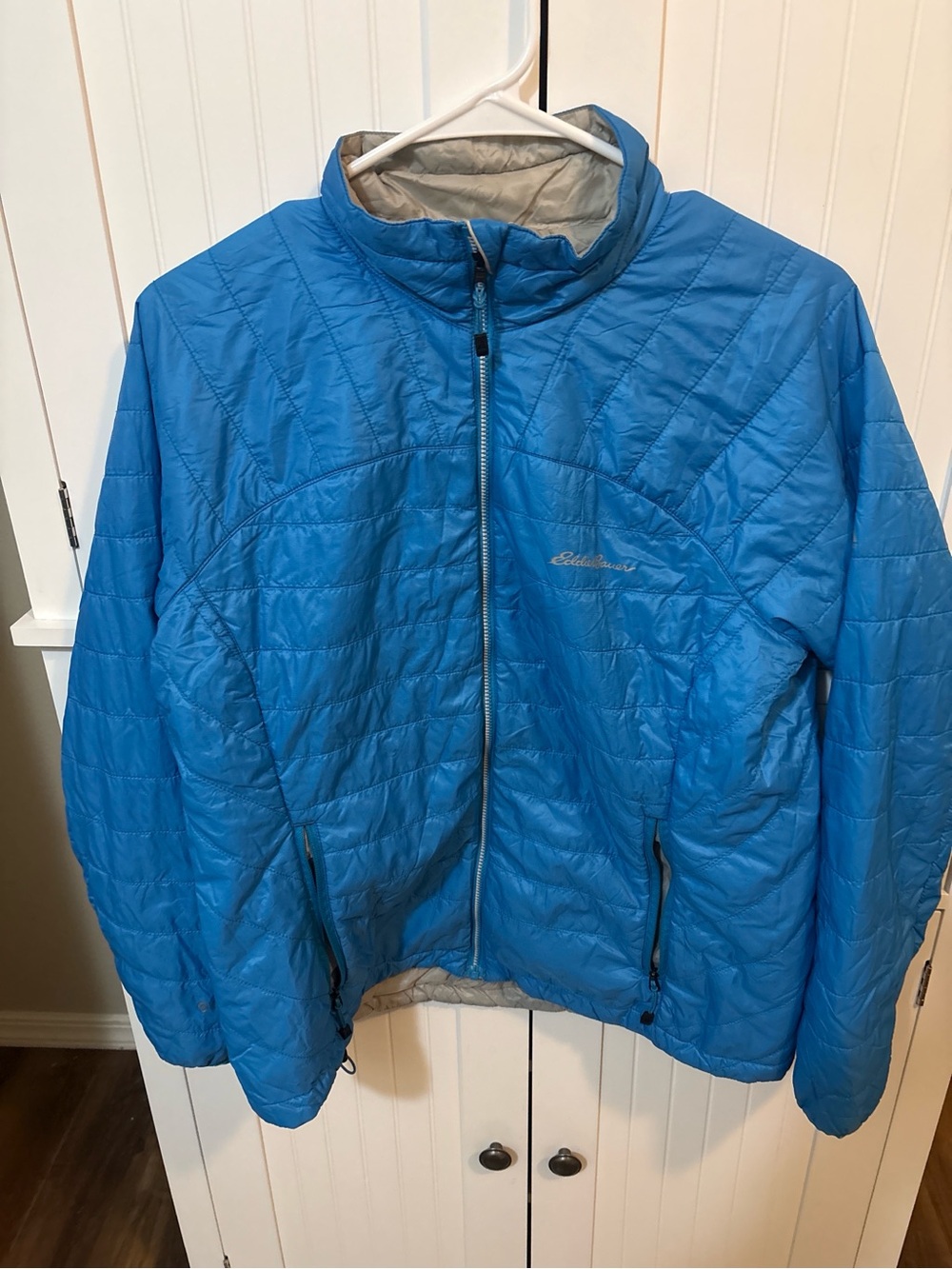 Eddie Bauer Reversible Quilted Lightweight Jacket Blue Gray Size L Hiking